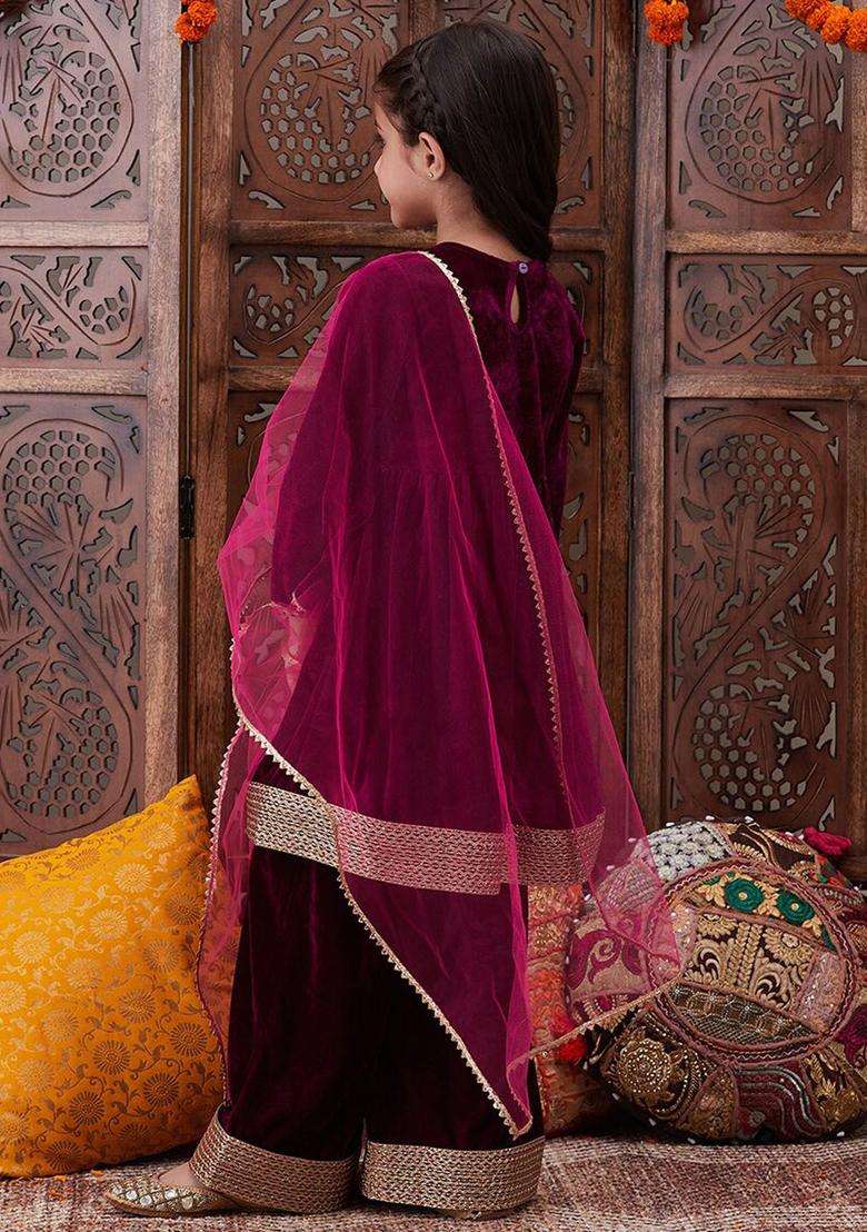 Burgundy Solid Velvet Kurta Set For Girls - Indya
