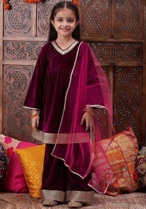 Burgundy Solid Velvet Kurta Set For Girls