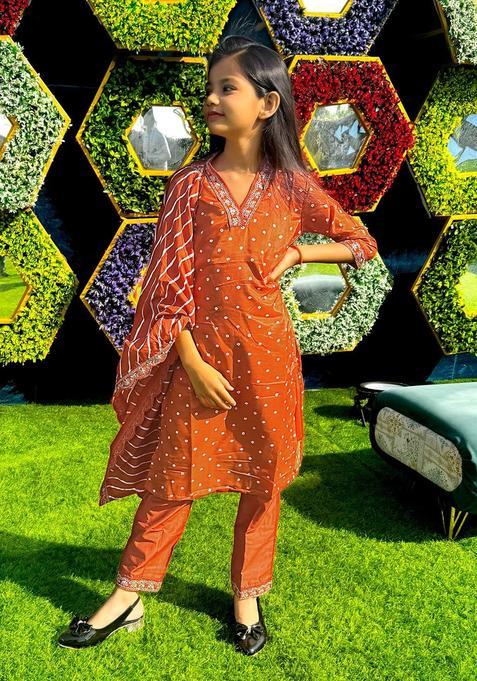 Rust Embroidered Silk Kurta Set For Girls — view on Indya