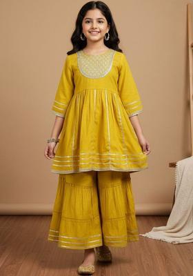 Yellow Embroidered Silk Kurta Set For Girls