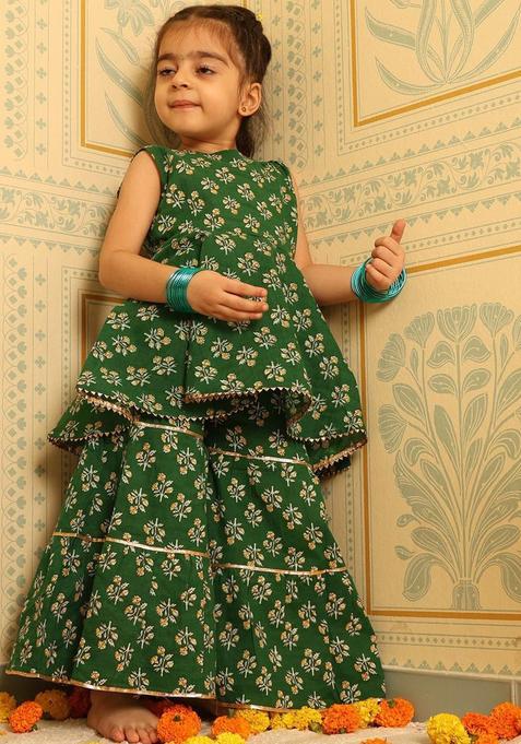 Green Printed Cotton Kurta Set For Girls — view on Indya