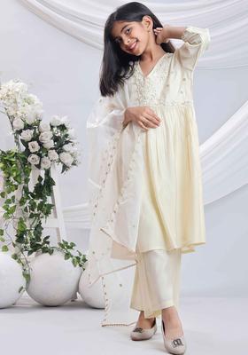 White Embroidered Silk Kurta Set For Girls