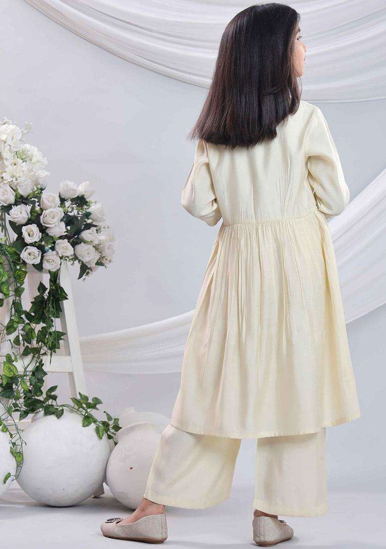 White Embroidered Silk Kurta Set For Girls - Indya