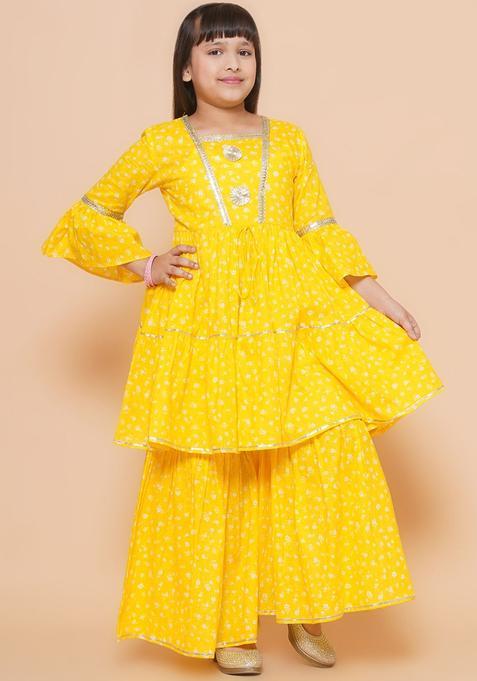 Yellow Printed Cotton Kurta Set For Girls — view on Indya