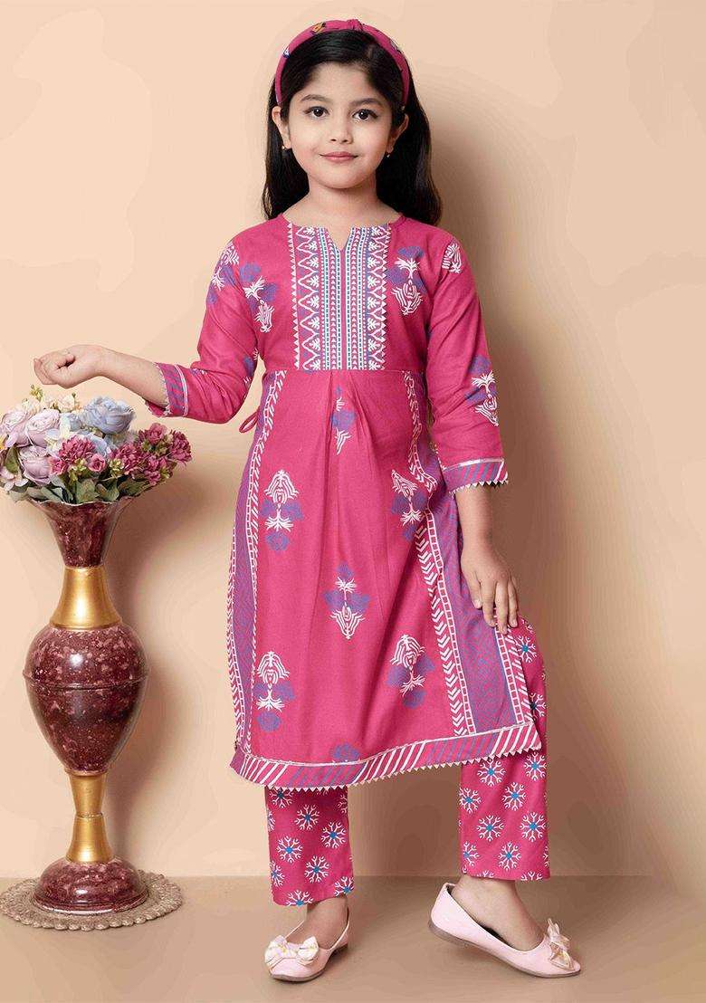 Pink Printed Viscose Kurta Set For Girls - Indya