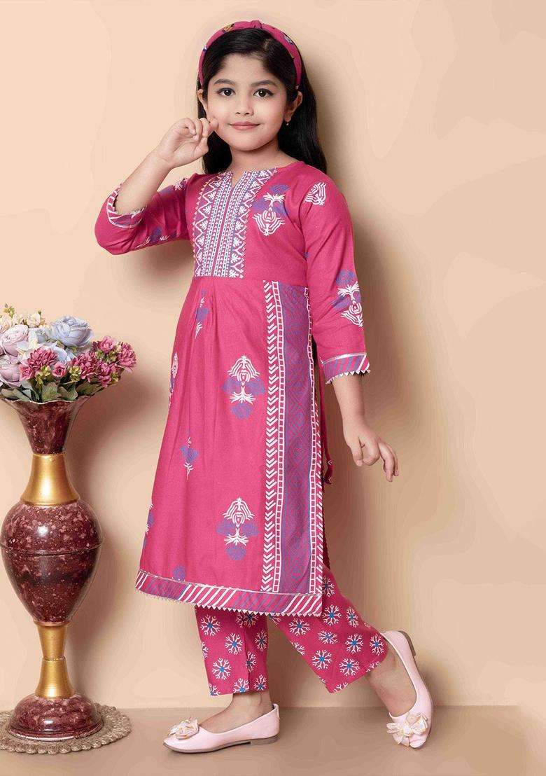 Pink Printed Viscose Kurta Set For Girls - Indya