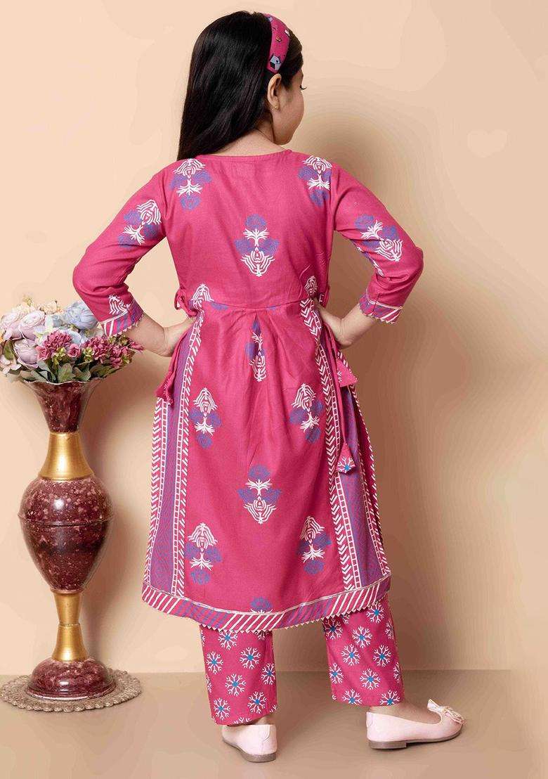 Pink Printed Viscose Kurta Set For Girls - Indya