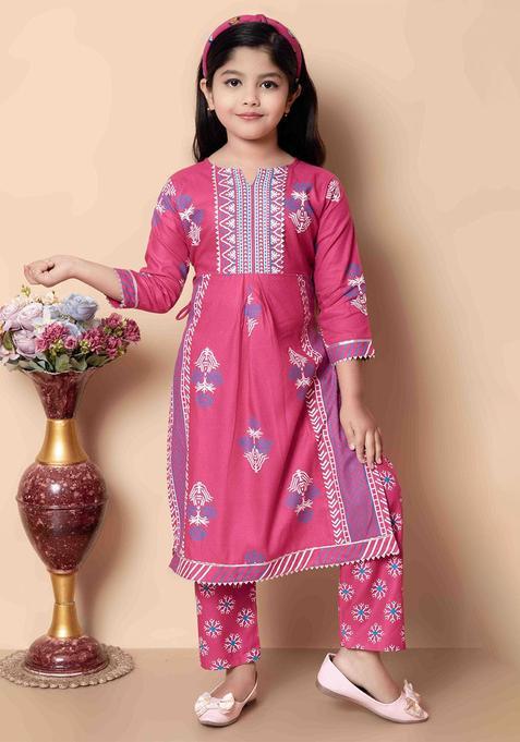 Pink Printed Viscose Kurta Set For Girls