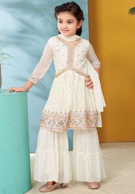 Cream Embroidered Georgette Anarkali Kurta Set For Girls