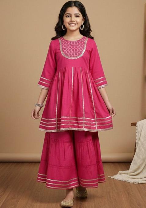 Fuchsia Embroidered Silk Kurta Set For Girls — view on Indya