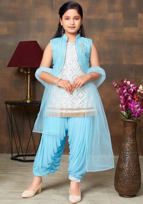 Turquoise Blue Embroidered Silk Kurta Set For Girls