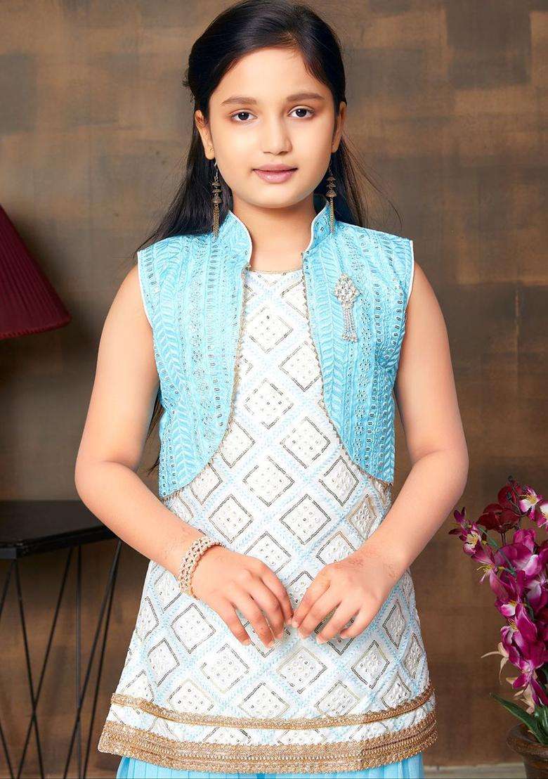 Turquoise Blue Embroidered Silk Kurta Set For Girls - Indya
