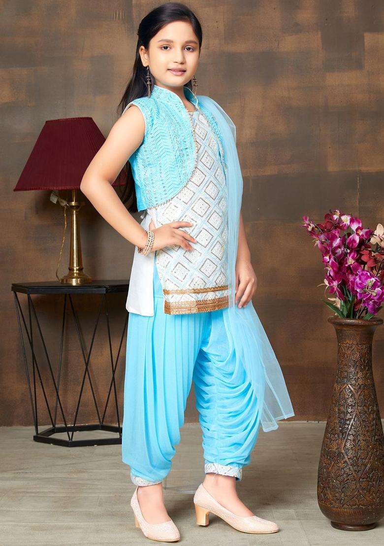 Turquoise Blue Embroidered Silk Kurta Set For Girls - Indya