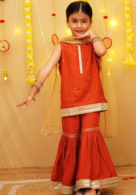 Orange Embroidered Cotton Kurta Set For Girls