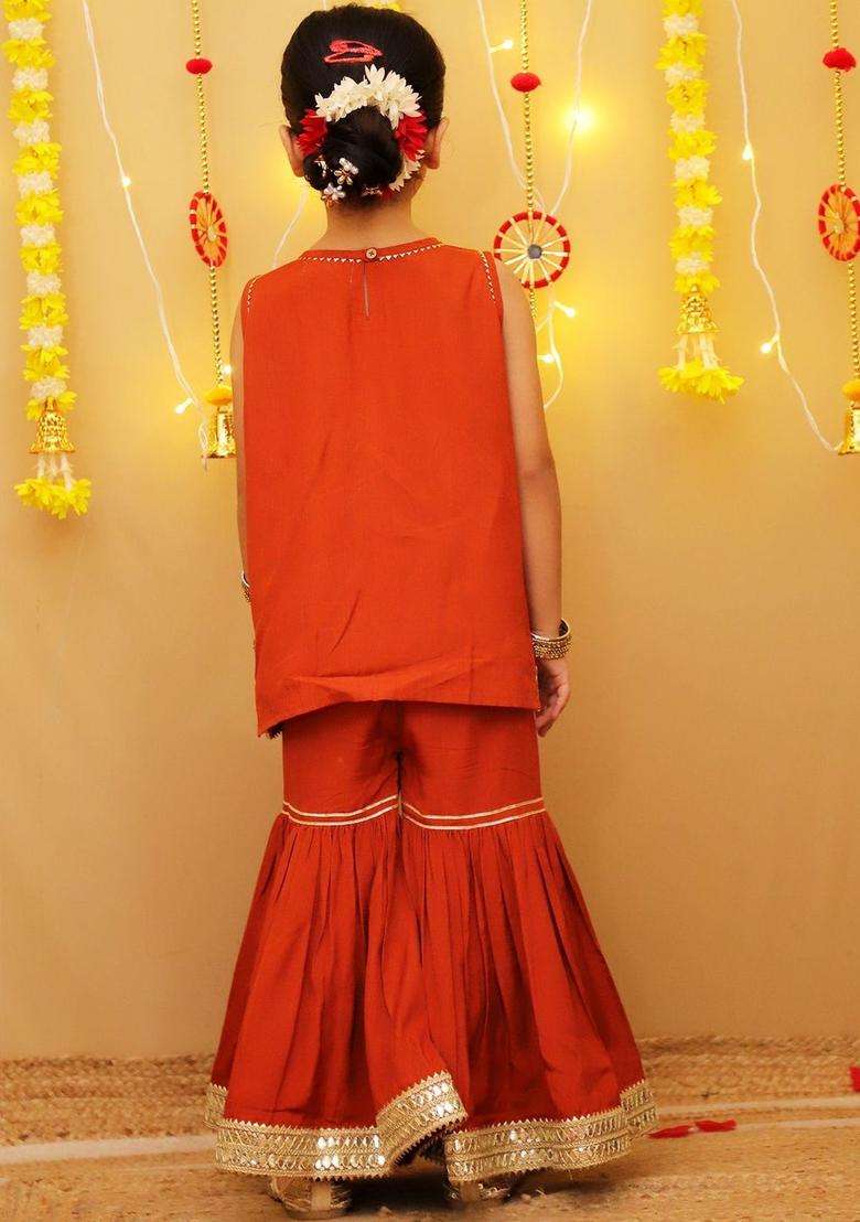Orange Embroidered Cotton Kurta Set For Girls - Indya