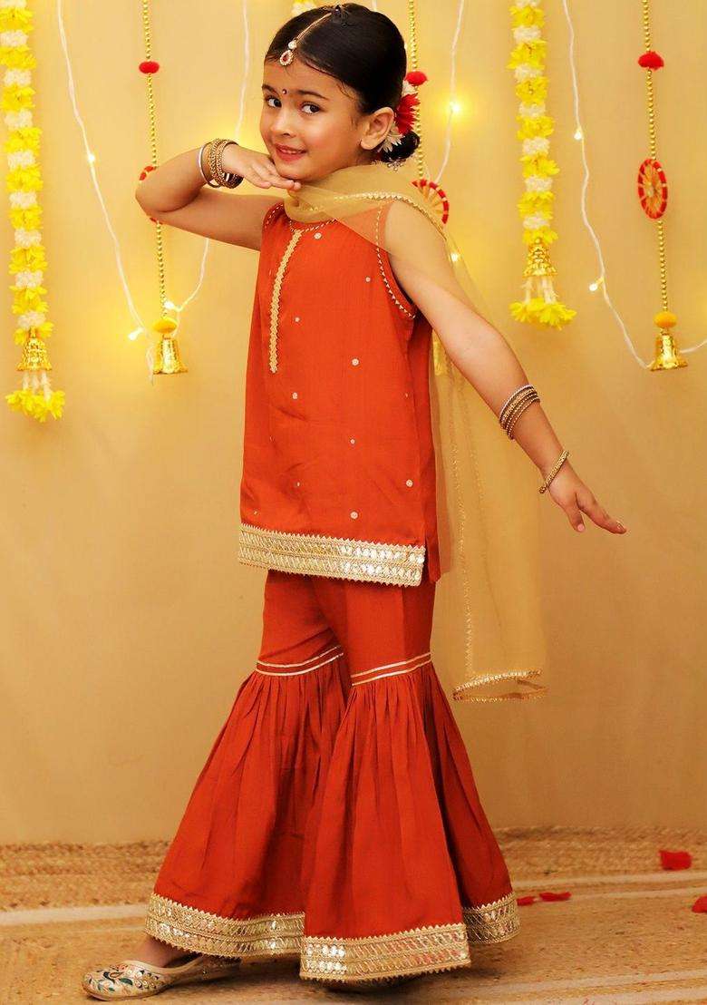 Orange Embroidered Cotton Kurta Set For Girls - Indya