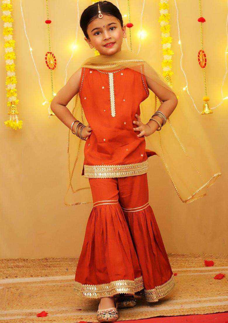 Orange Embroidered Cotton Kurta Set For Girls - Indya