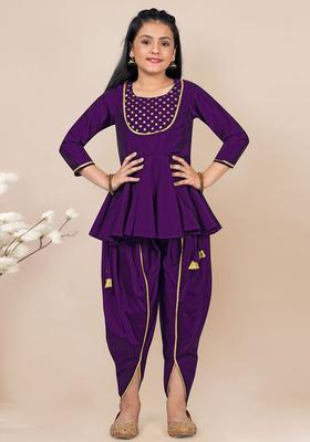 Purple Embroidered Silk Kurta Set For Girls