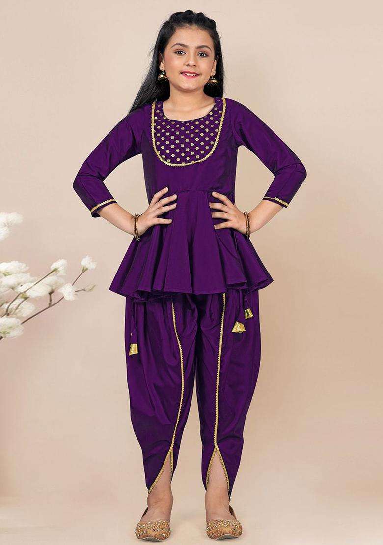 Purple Embroidered Silk Kurta Set For Girls - Indya