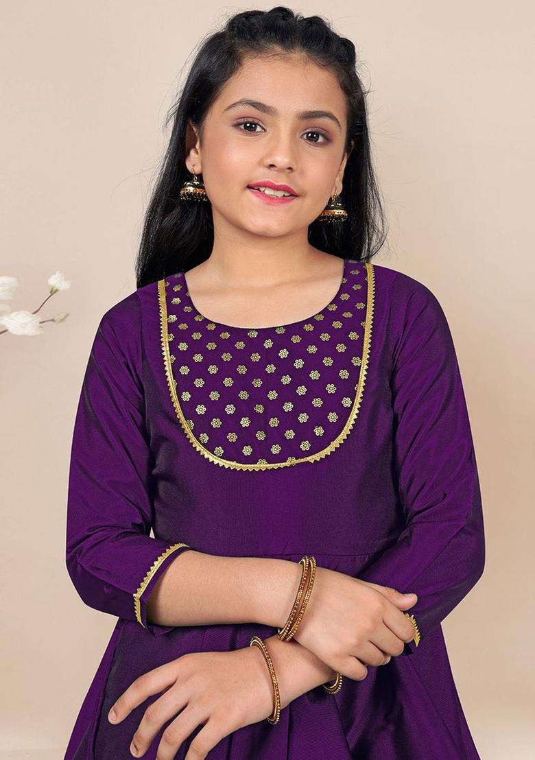 Purple Embroidered Silk Kurta Set For Girls - Indya