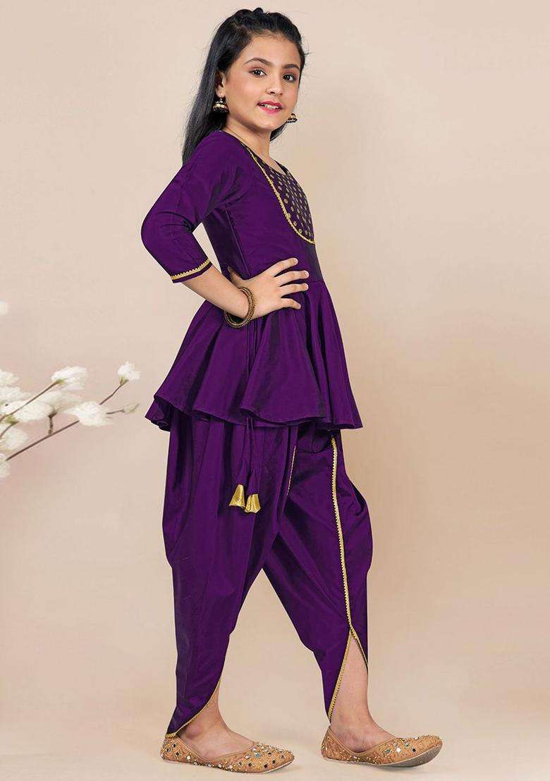 Purple Embroidered Silk Kurta Set For Girls - Indya