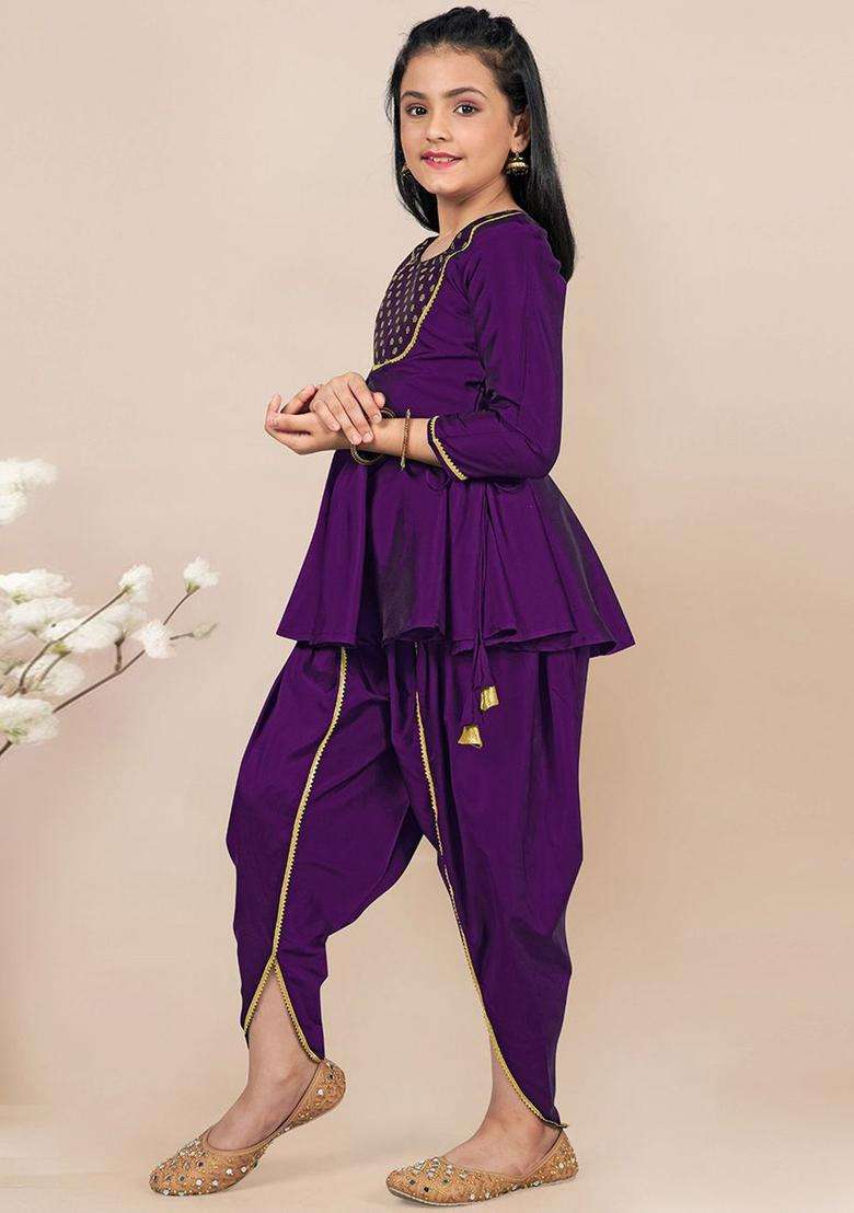 Purple Embroidered Silk Kurta Set For Girls - Indya