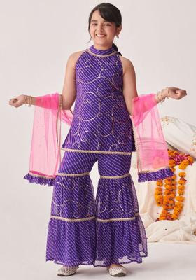 Purple Self Design Georgette Kurta Set For Girls