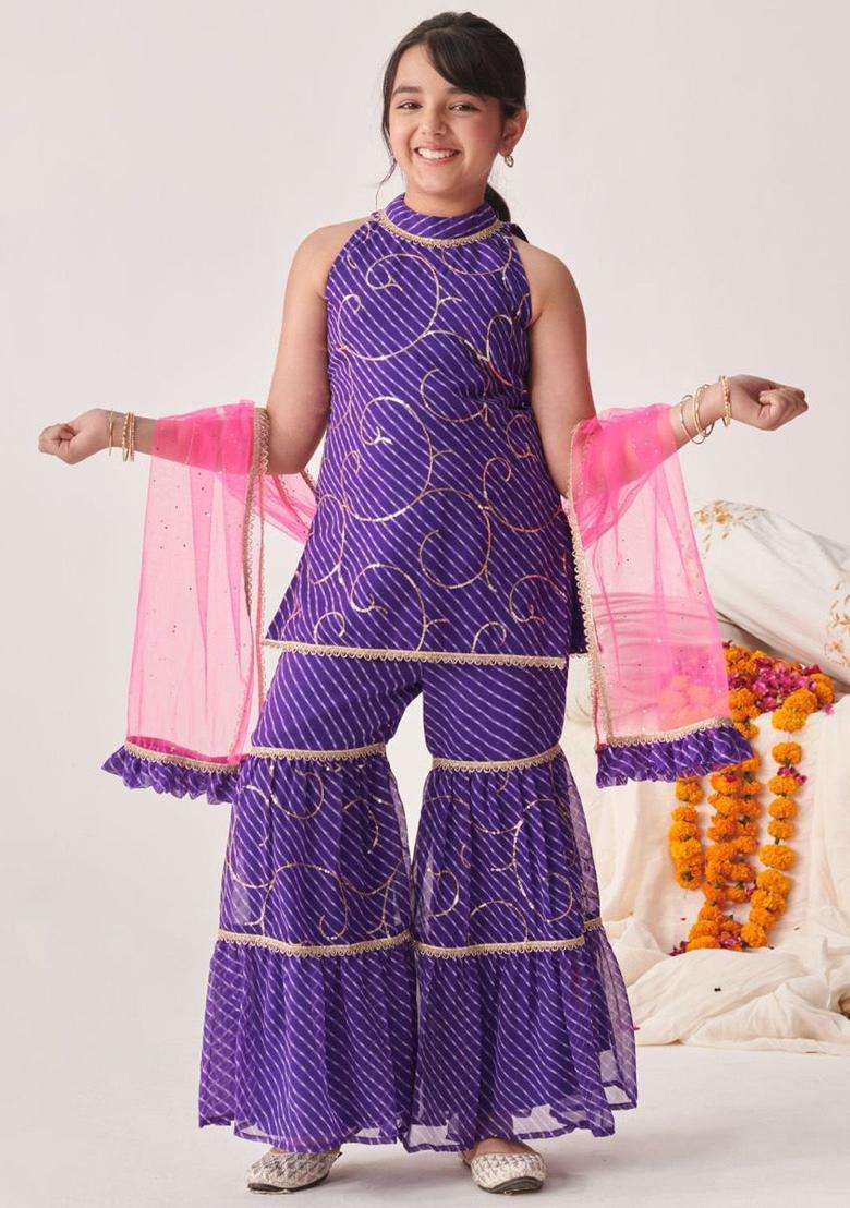 Purple Self Design Georgette Kurta Set For Girls - Indya