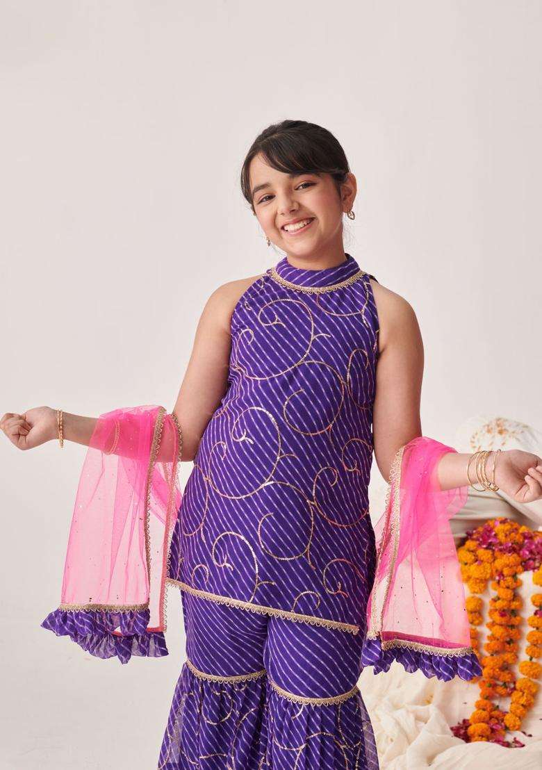 Purple Self Design Georgette Kurta Set For Girls - Indya