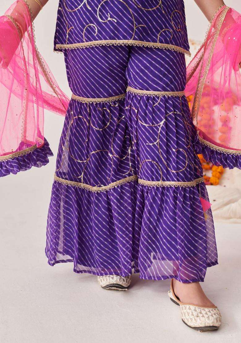 Purple Self Design Georgette Kurta Set For Girls - Indya