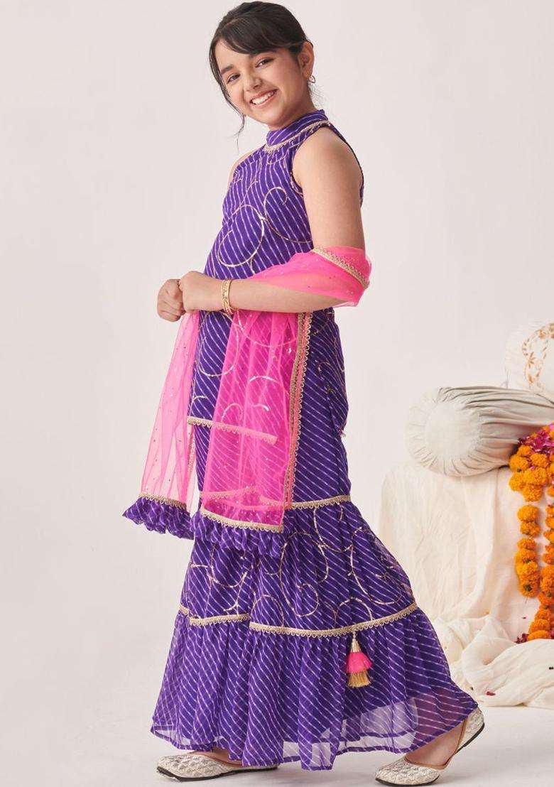 Purple Self Design Georgette Kurta Set For Girls - Indya