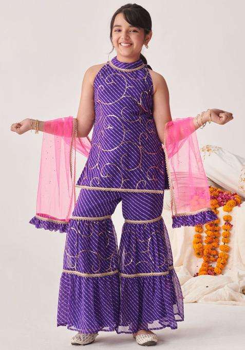 Purple Self Design Georgette Kurta Set For Girls
