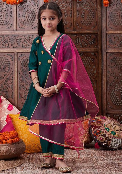Green Solid Silk Kurta Set For Girls — view on Indya