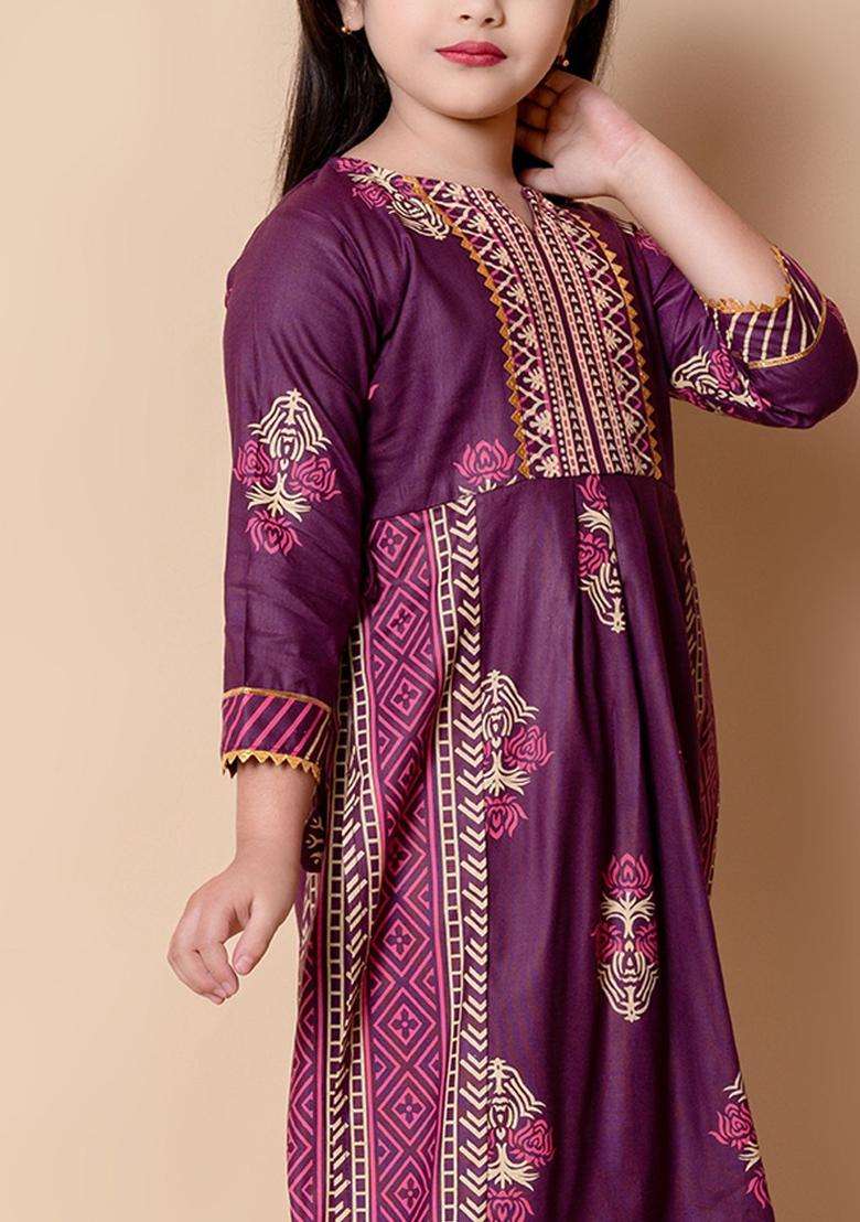 Purple Printed Cotton Kurta Set For Girls - Indya