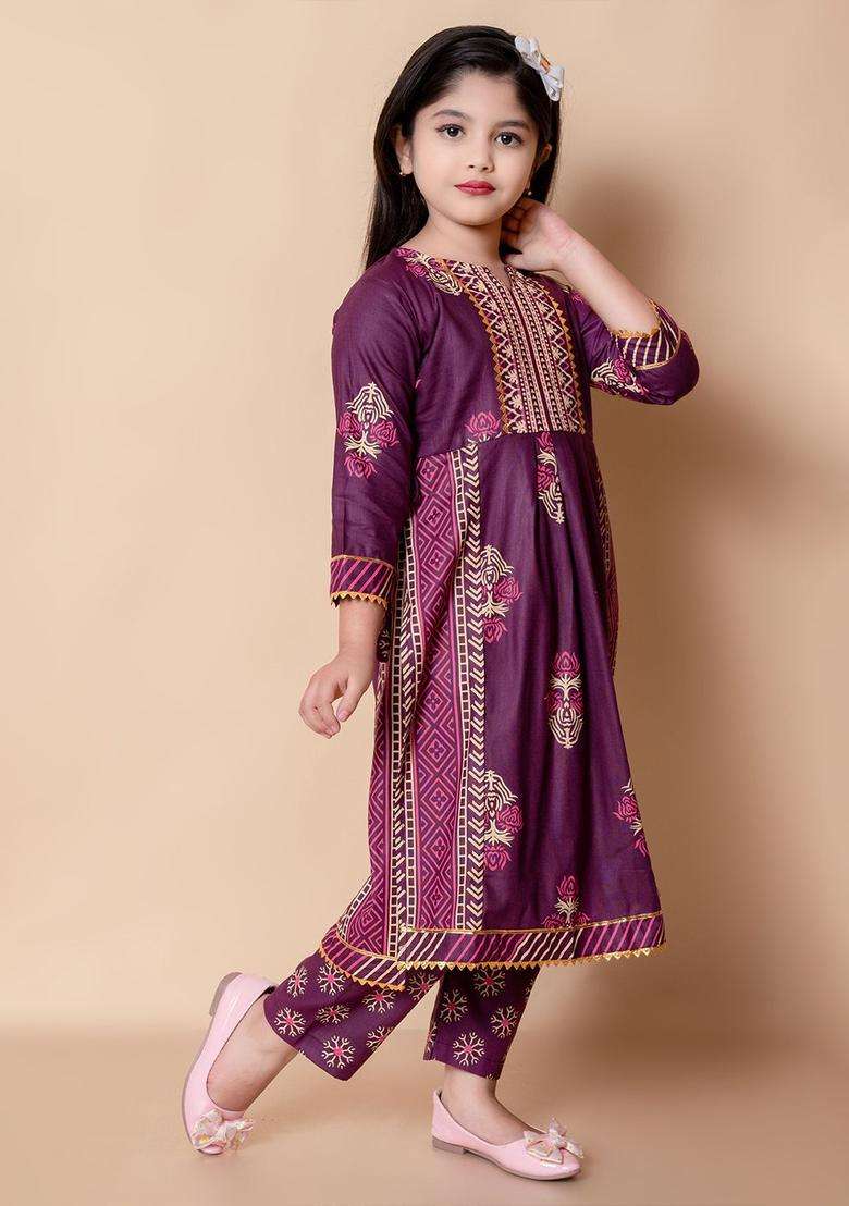 Purple Printed Cotton Kurta Set For Girls - Indya