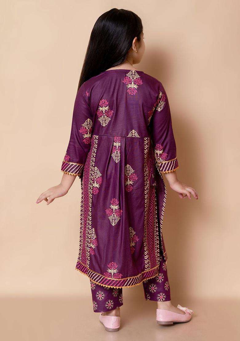Purple Printed Cotton Kurta Set For Girls - Indya