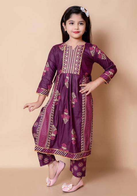 Purple Printed Cotton Kurta Set For Girls