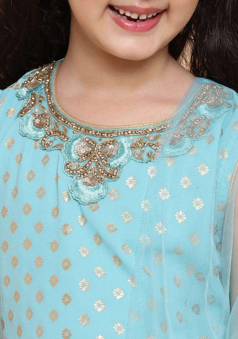 Turquoise Blue Printed Georgette Kurta Set For Girls - Indya