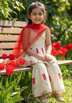 Off White Printed Silk Kurta Set For Girls