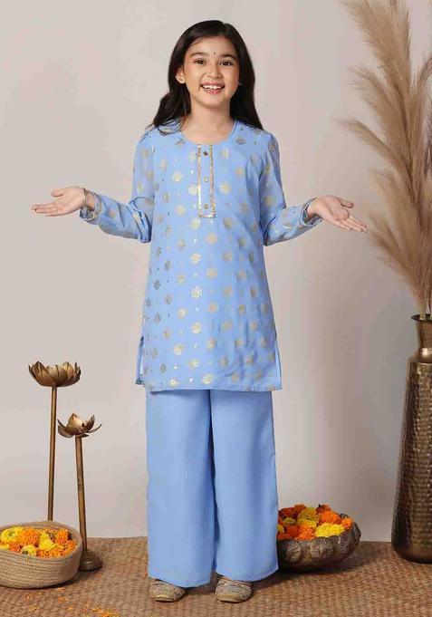 Blue Printed Georgette Kurta Set For Girls — view on Indya