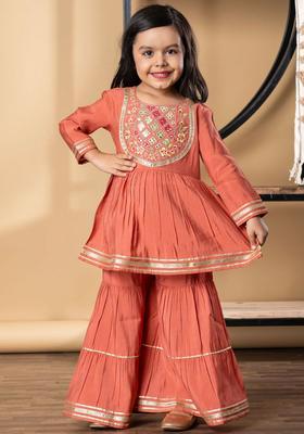 Peach Yoke Design Silk Anarkali Kurta Set For Girls