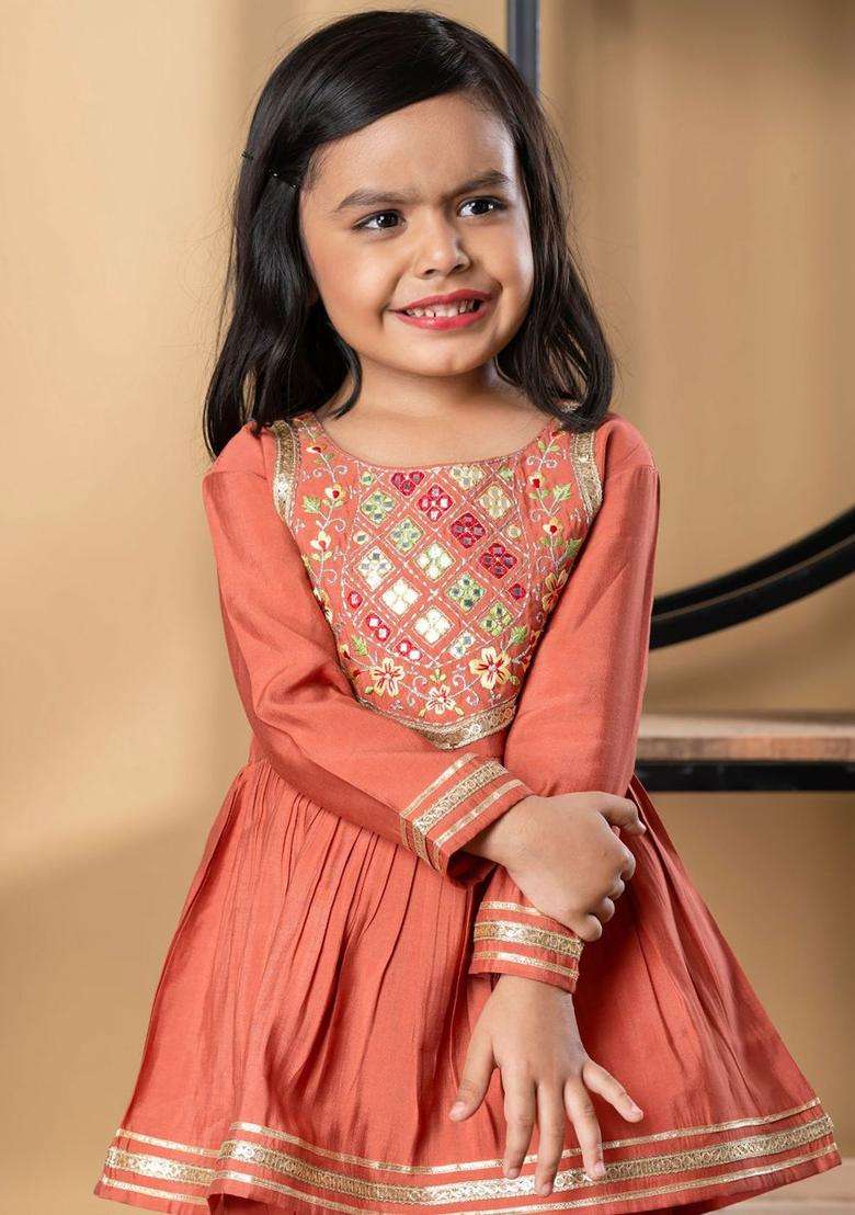 Peach Yoke Design Silk Anarkali Kurta Set For Girls - Indya
