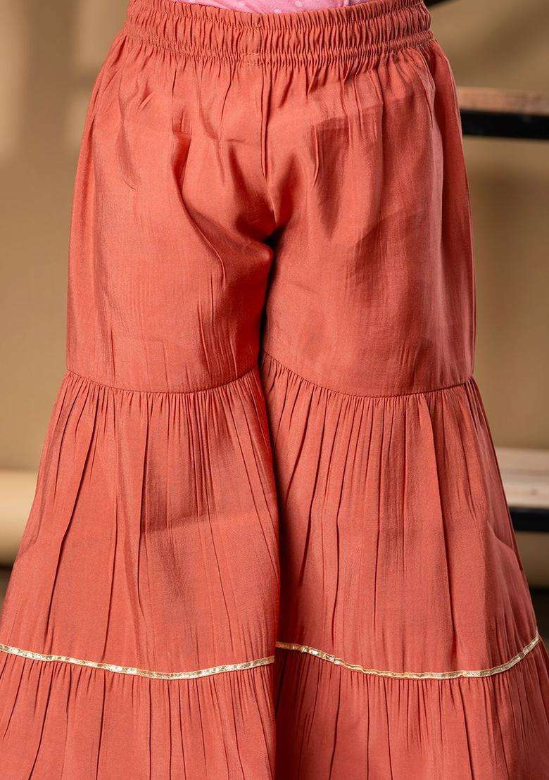 Peach Yoke Design Silk Anarkali Kurta Set For Girls - Indya