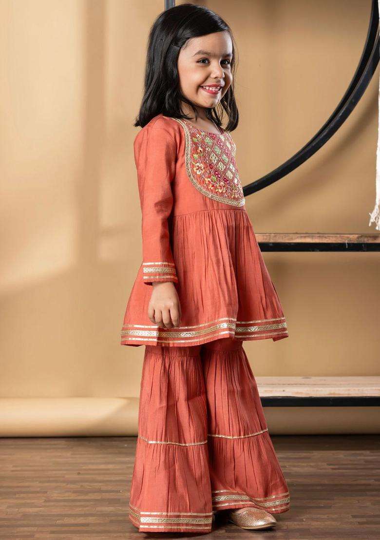 Peach Yoke Design Silk Anarkali Kurta Set For Girls - Indya