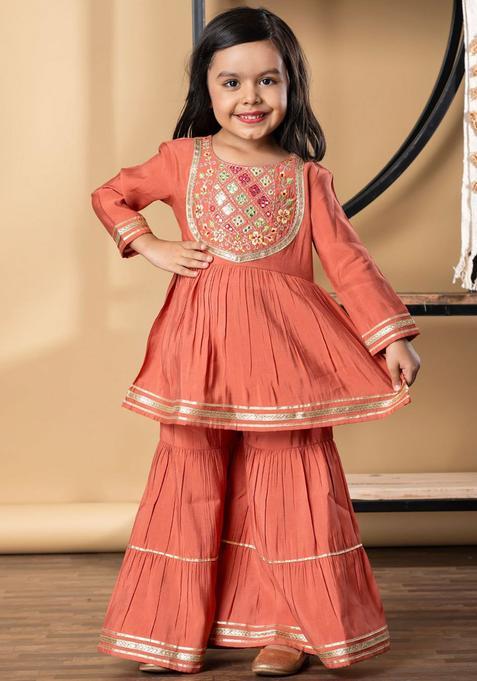 Peach Yoke Design Silk Anarkali Kurta Set For Girls — view on Indya