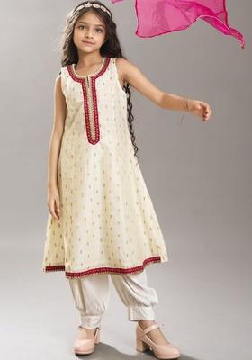 Off White Woven Design Silk Kurta Set For Girls