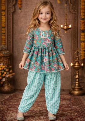 Turquoise Blue Printed Cotton Kurta Set For Girls
