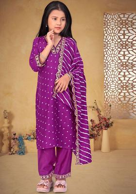 Purple Printed Silk Kurta Set For Girls