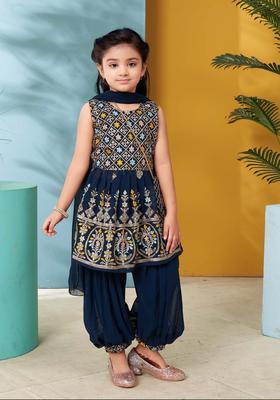 Navy Blue Embroidered Georgette Kurta Set For Girls