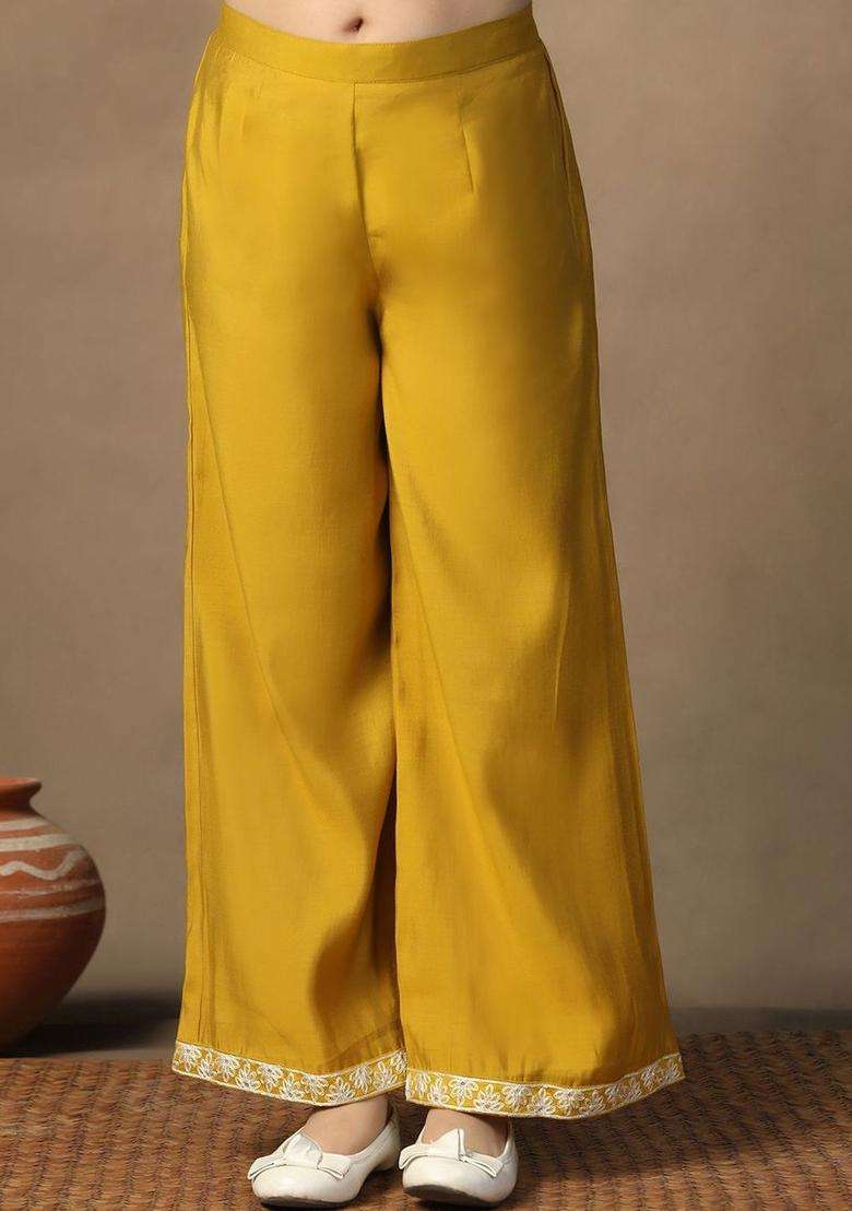 Yellow Embroidered Silk Kurta Set For Girls - Indya